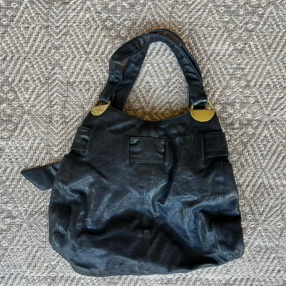Kooba Y2K Vintage Leather Hobo‎ Bag Purse Black Slouchy Gold Brass Accents